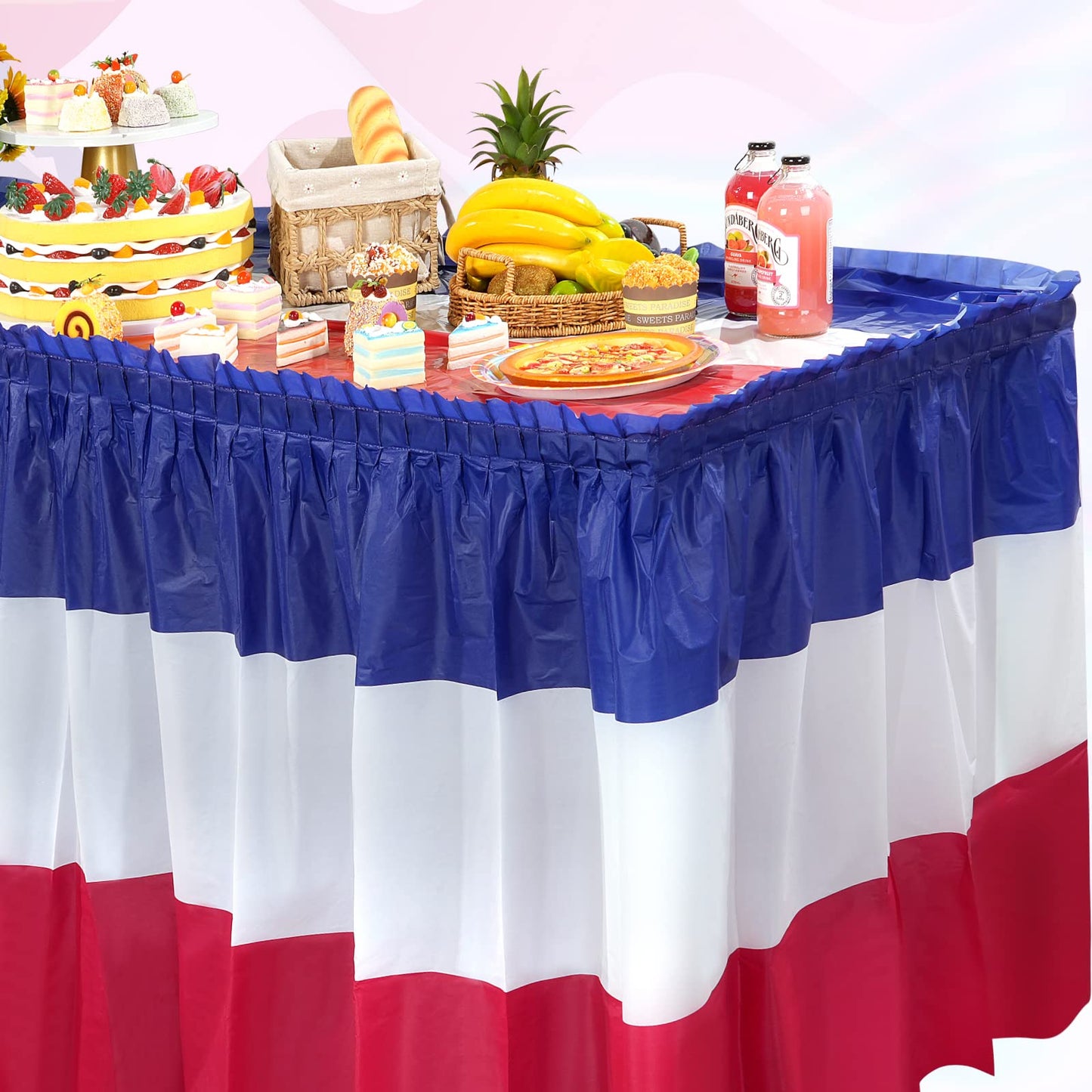 1 Pack 4th of July Plastic Table Skirts Decorations, Red White and Blue Patriotic Disposable Table Skirts, Fourth of July Table Party Decorations for Independence Memorial Veterans Day, 2.4 x 14 Ft