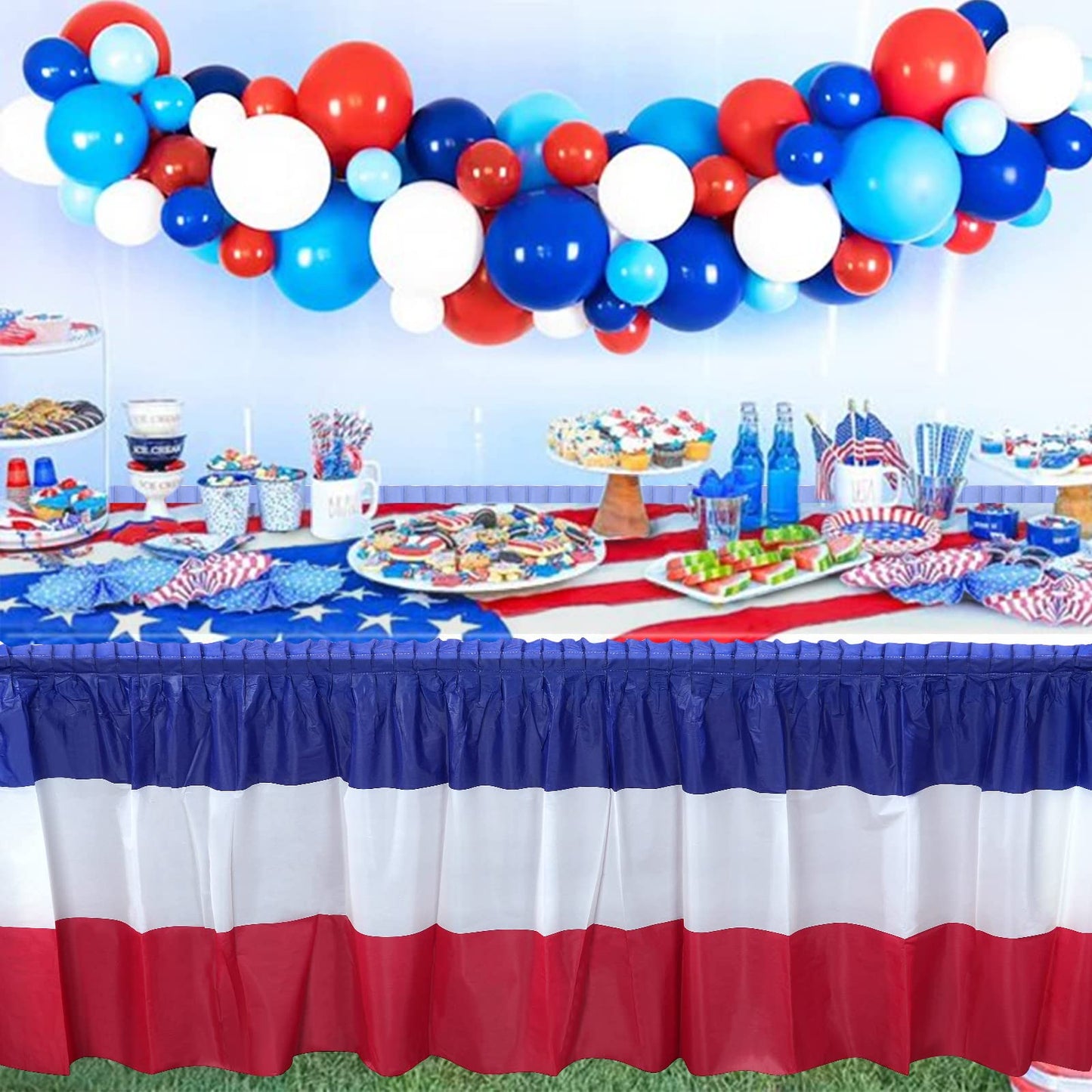 1 Pack 4th of July Plastic Table Skirts Decorations, Red White and Blue Patriotic Disposable Table Skirts, Fourth of July Table Party Decorations for Independence Memorial Veterans Day, 2.4 x 14 Ft