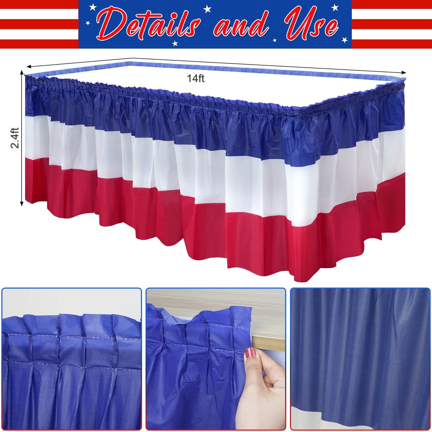 1 Pack 4th of July Plastic Table Skirts Decorations, Red White and Blue Patriotic Disposable Table Skirts, Fourth of July Table Party Decorations for Independence Memorial Veterans Day, 2.4 x 14 Ft