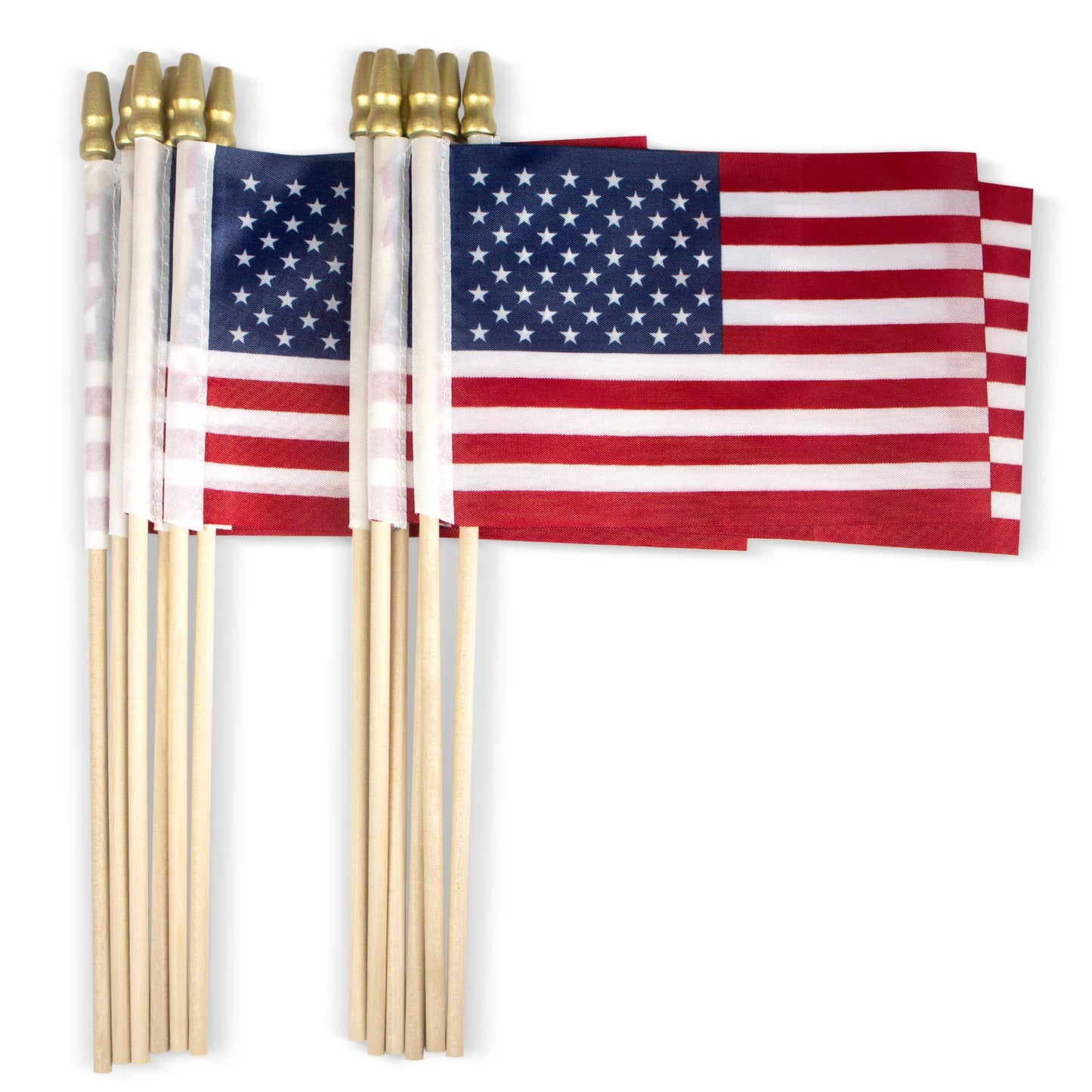 Anley LOT OF 50 - USA 4x6 in Wooden Stick Flag - July 4th Decoration, Veteran Party, Grave Marker, etc. - HandHeld American Flag with Kid Safe Golden Spear Top (Pack of 50)