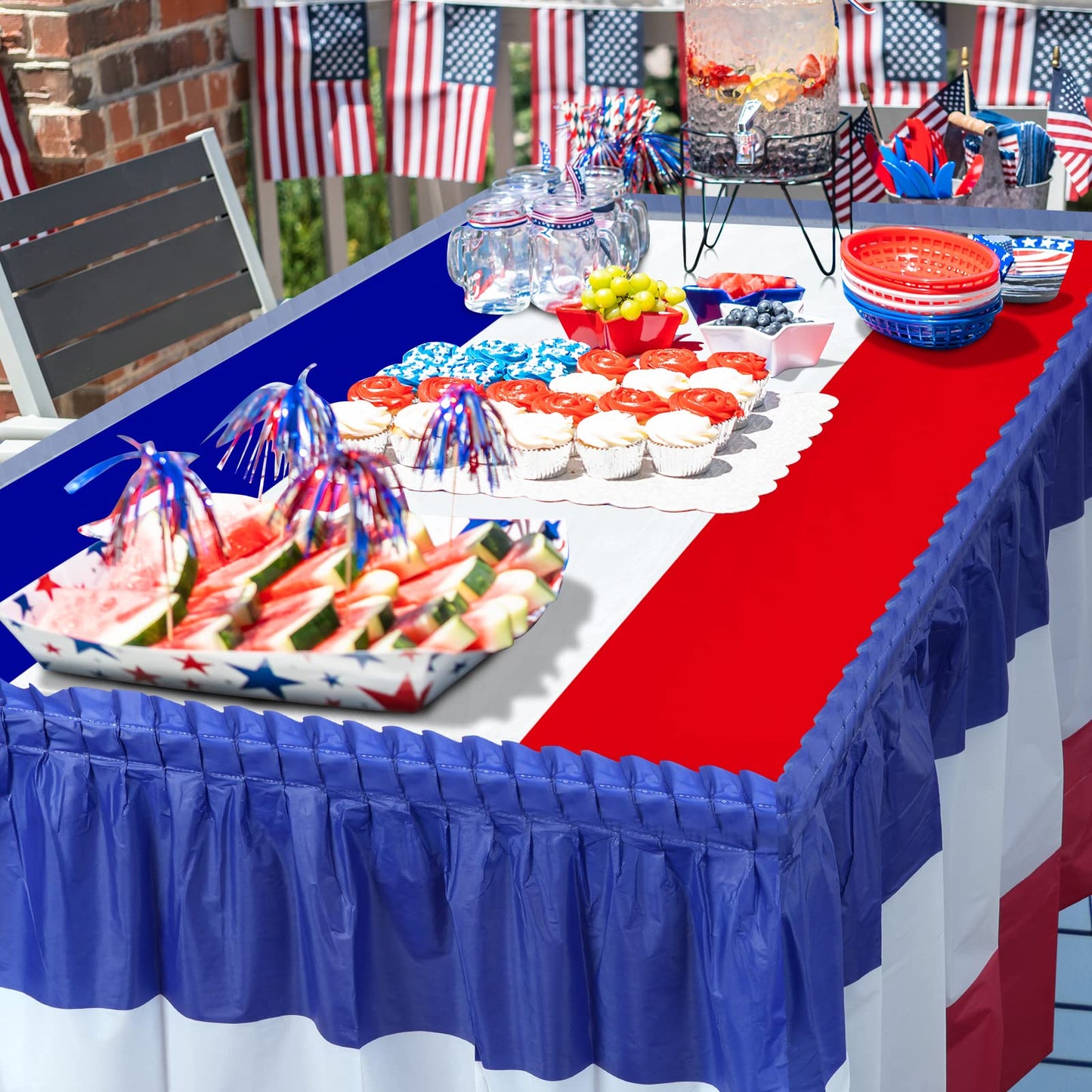 1 Pack 4th of July Plastic Table Skirts Decorations, Red White and Blue Patriotic Disposable Table Skirts, Fourth of July Table Party Decorations for Independence Memorial Veterans Day, 2.4 x 14 Ft