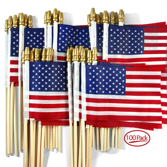 Anley LOT OF 50 - USA 4x6 in Wooden Stick Flag - July 4th Decoration, Veteran Party, Grave Marker, etc. - HandHeld American Flag with Kid Safe Golden Spear Top (Pack of 50)